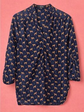 Fun 2 Fun Navy Dog Print Roll Tab Blouse Size Medium Cute Puppy Top